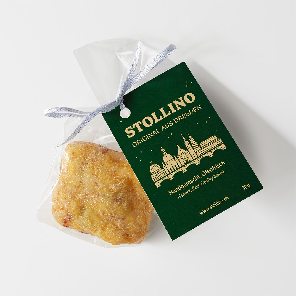 Stollino Mini Stollen Konfekt aus Dresden in Einzelverpackung mit Anhänger